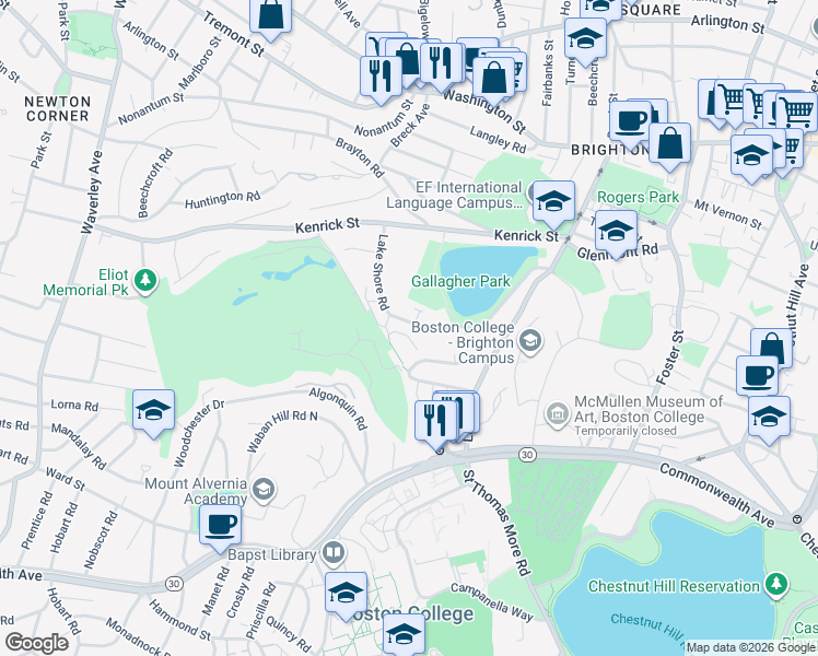 map of restaurants, bars, coffee shops, grocery stores, and more near 22 Lake Shore Terrace in Boston