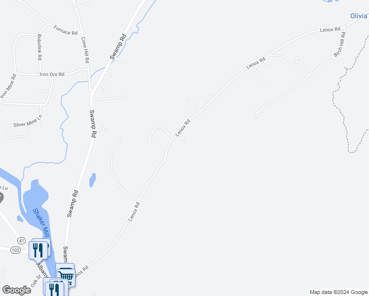 map of restaurants, bars, coffee shops, grocery stores, and more near 64 Lenox Road in West Stockbridge