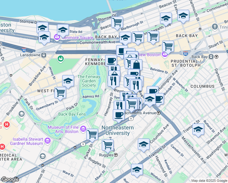 map of restaurants, bars, coffee shops, grocery stores, and more near in Boston