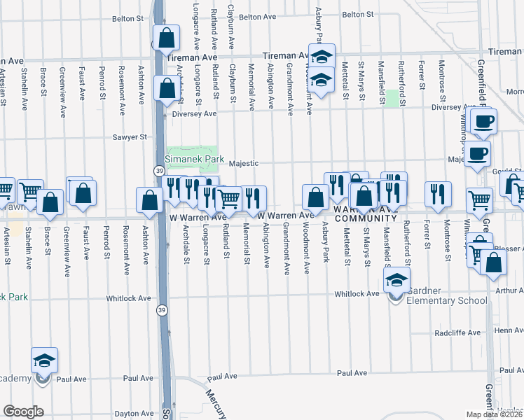 map of restaurants, bars, coffee shops, grocery stores, and more near 16800 West Warren Avenue in Detroit