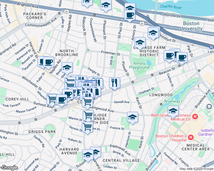 map of restaurants, bars, coffee shops, grocery stores, and more near 3 James Street in Brookline