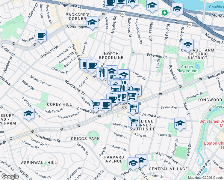 map of restaurants, bars, coffee shops, grocery stores, and more near Harvard Street in Brookline