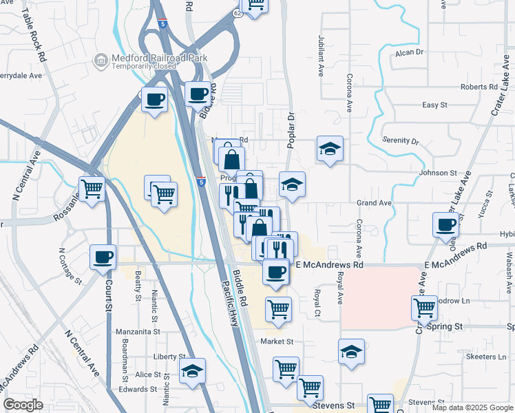 map of restaurants, bars, coffee shops, grocery stores, and more near 1487 Poplar Drive in Medford