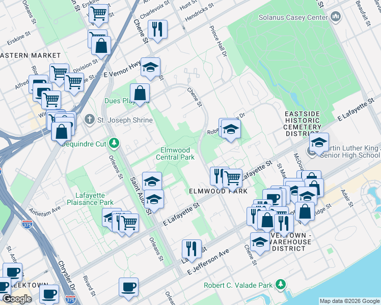 map of restaurants, bars, coffee shops, grocery stores, and more near 1401 Chene Street in Detroit