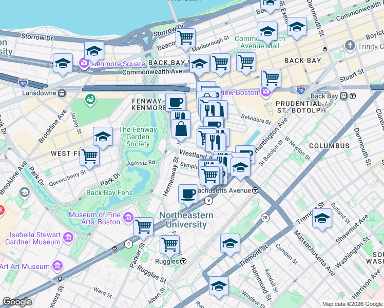 map of restaurants, bars, coffee shops, grocery stores, and more near 29 Symphony Road in Boston