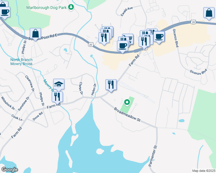map of restaurants, bars, coffee shops, grocery stores, and more near 656 Farm Road in Marlborough