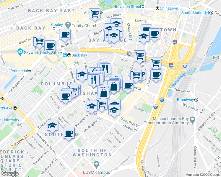 map of restaurants, bars, coffee shops, grocery stores, and more near 3 Hanson Street in Boston