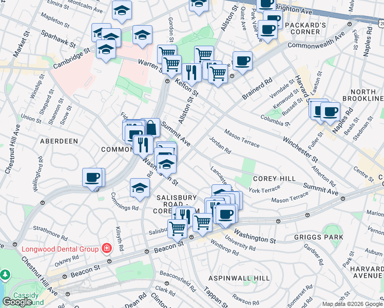 map of restaurants, bars, coffee shops, grocery stores, and more near 195 Corey Road in Boston