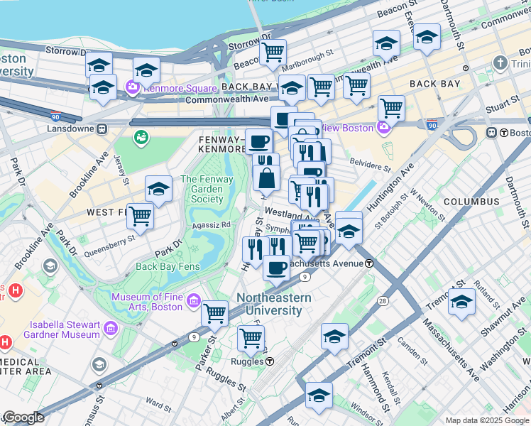 map of restaurants, bars, coffee shops, grocery stores, and more near in Boston