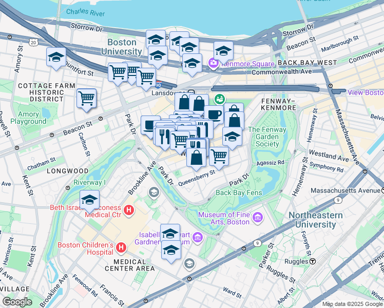 map of restaurants, bars, coffee shops, grocery stores, and more near 1350 Boylston Street in Boston