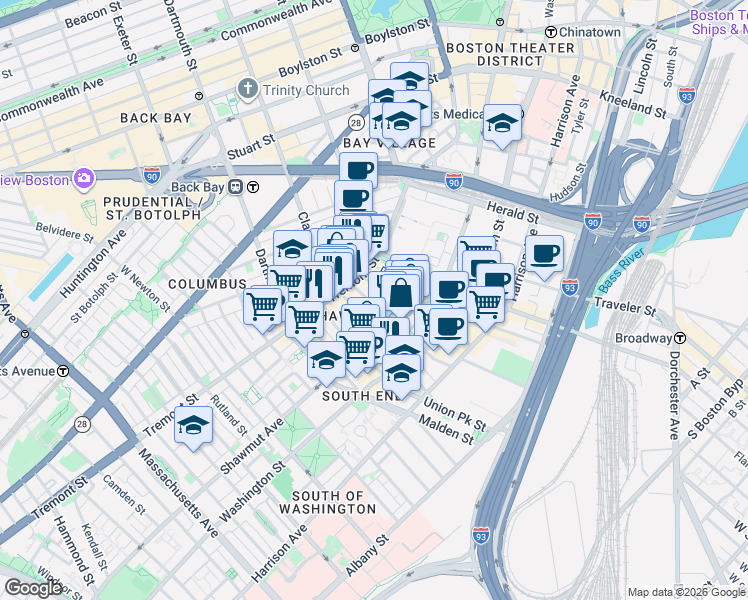 map of restaurants, bars, coffee shops, grocery stores, and more near 11A Hanson Street in Boston