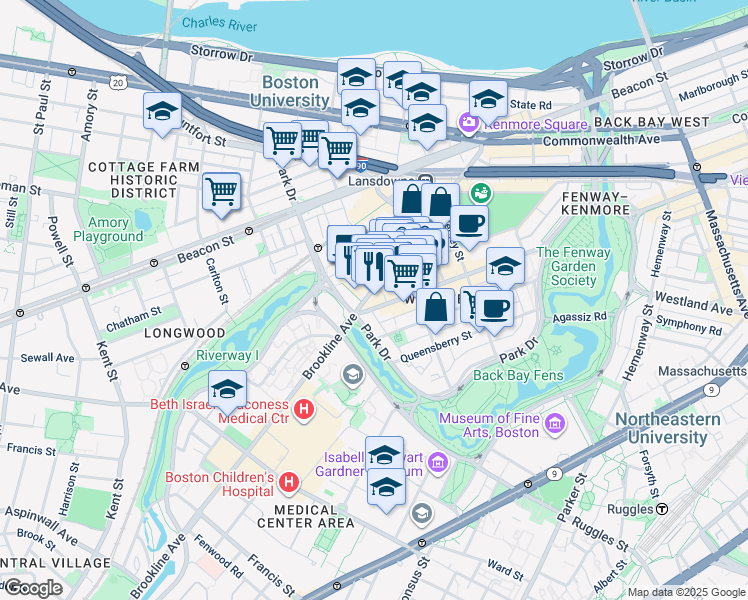 map of restaurants, bars, coffee shops, grocery stores, and more near 1395 Boylston Street in Boston