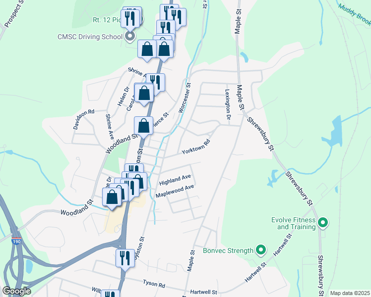 map of restaurants, bars, coffee shops, grocery stores, and more near 16 Yorktown Road in West Boylston