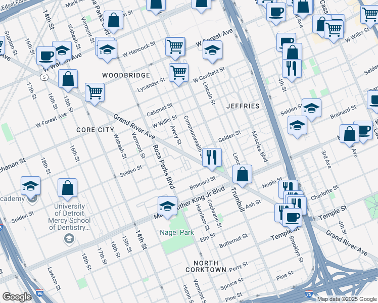 map of restaurants, bars, coffee shops, grocery stores, and more near 3810 Grand River Avenue in Detroit