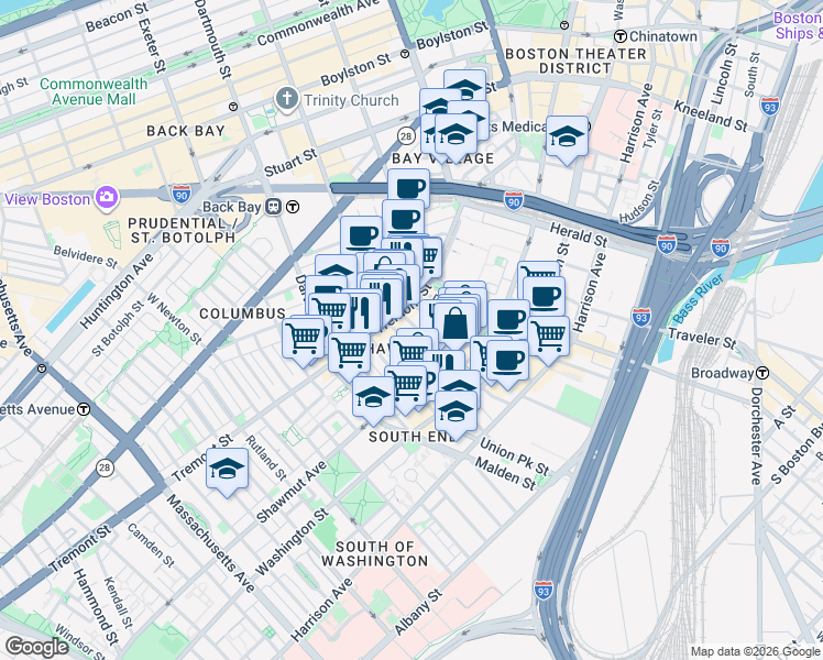 map of restaurants, bars, coffee shops, grocery stores, and more near 32 Hanson Street in Boston