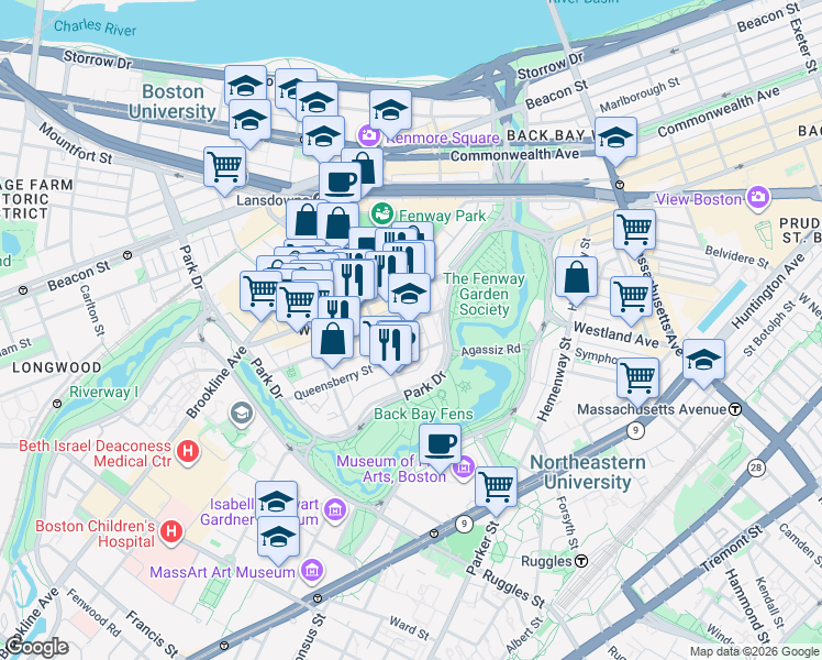 map of restaurants, bars, coffee shops, grocery stores, and more near 11 Queensberry Street in Boston