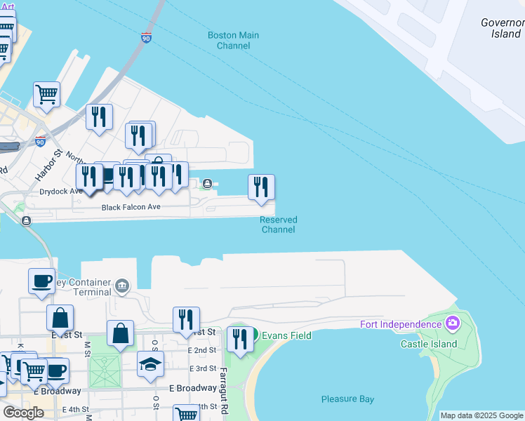 map of restaurants, bars, coffee shops, grocery stores, and more near 88 Black Falcon Ave in Boston