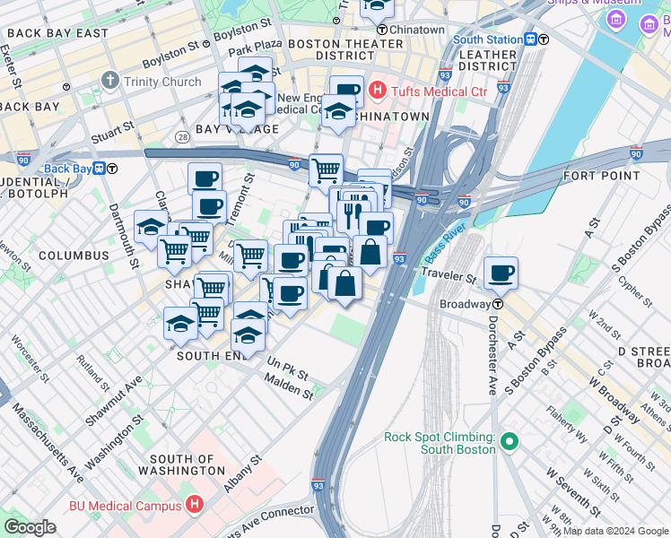 map of restaurants, bars, coffee shops, grocery stores, and more near 219 East Berkeley Street in Boston