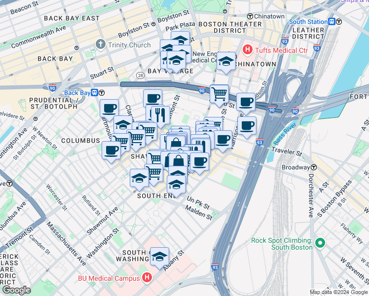 map of restaurants, bars, coffee shops, grocery stores, and more near in Boston