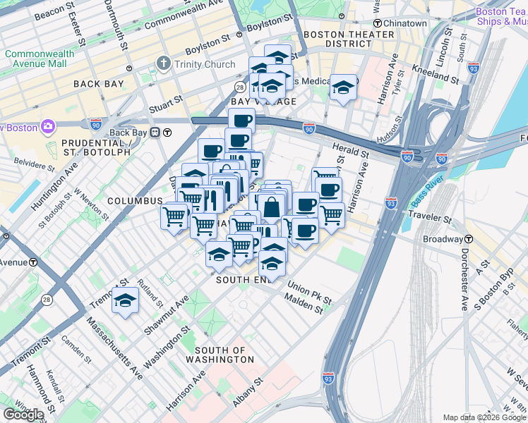map of restaurants, bars, coffee shops, grocery stores, and more near 3 Hanson Street in Boston