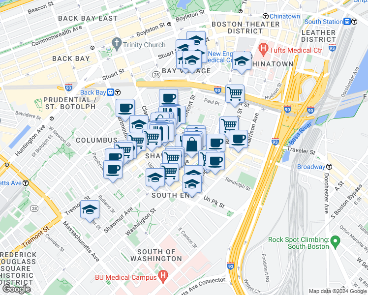 map of restaurants, bars, coffee shops, grocery stores, and more near 3 Hanson Street in Boston
