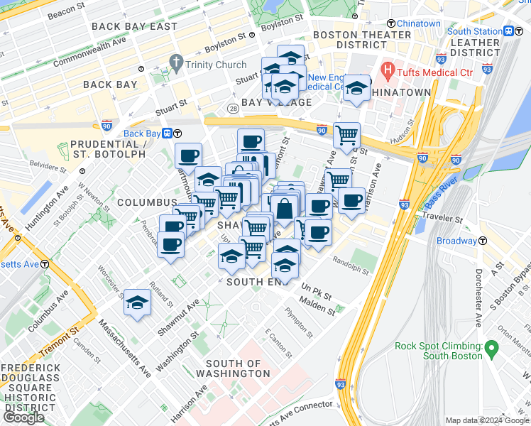 map of restaurants, bars, coffee shops, grocery stores, and more near 3 Hanson Street in Boston