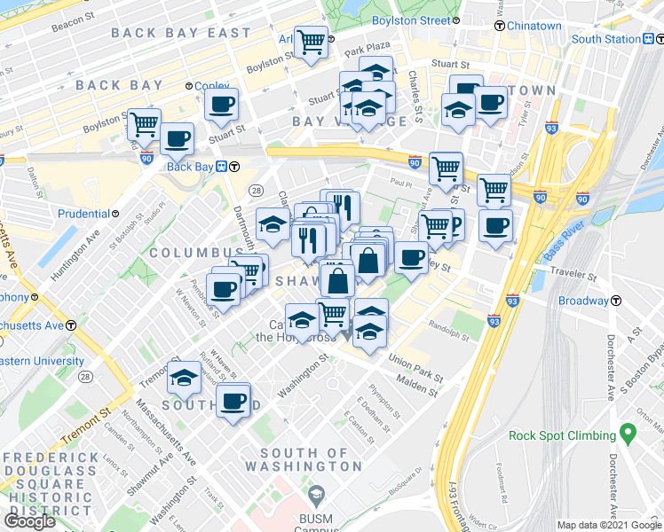 map of restaurants, bars, coffee shops, grocery stores, and more near 3 Hanson Street in Boston