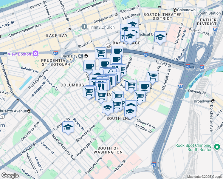 map of restaurants, bars, coffee shops, grocery stores, and more near 565 Tremont Street in Boston
