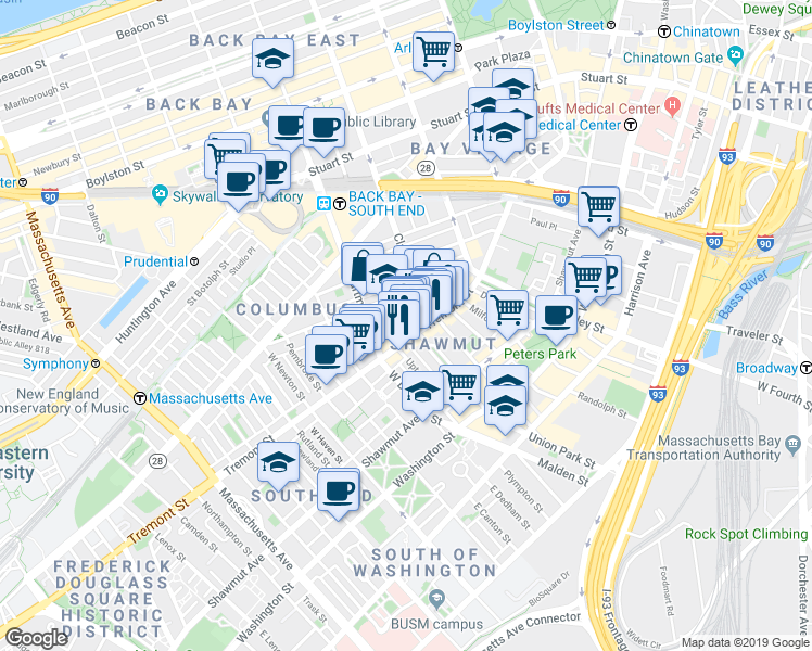map of restaurants, bars, coffee shops, grocery stores, and more near 585 Tremont Street in Boston