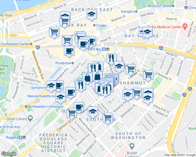 map of restaurants, bars, coffee shops, grocery stores, and more near 141 Pembroke Street in Boston