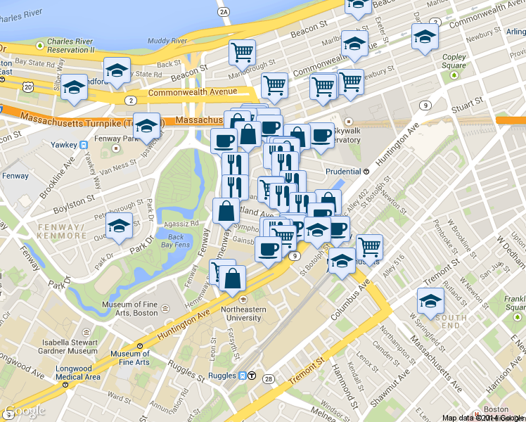 map of restaurants, bars, coffee shops, grocery stores, and more near 29 Symphony Road in Boston