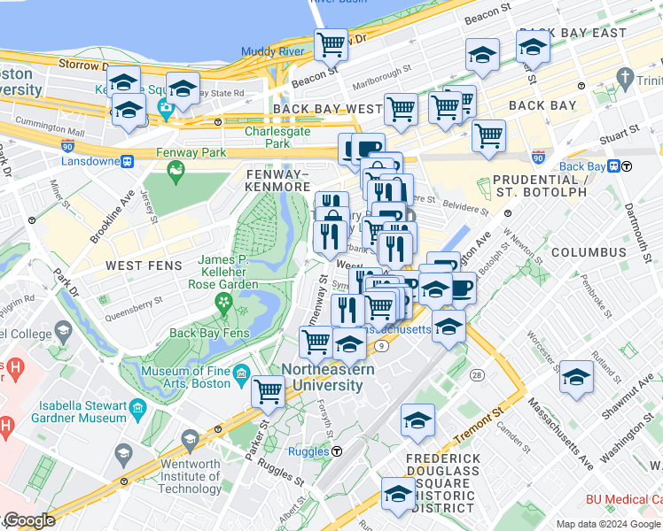 map of restaurants, bars, coffee shops, grocery stores, and more near in Boston