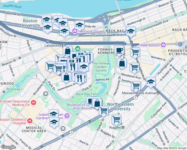 map of restaurants, bars, coffee shops, grocery stores, and more near 100 Park Drive in Boston