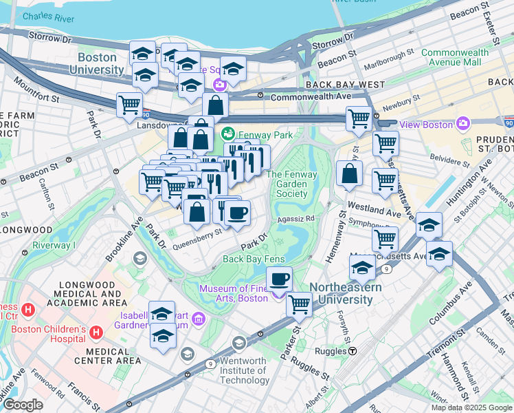 map of restaurants, bars, coffee shops, grocery stores, and more near 11 Queensberry Street in Boston