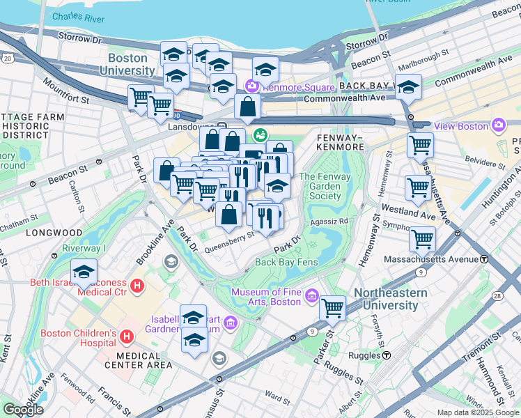 map of restaurants, bars, coffee shops, grocery stores, and more near 119 Jersey Street in Boston