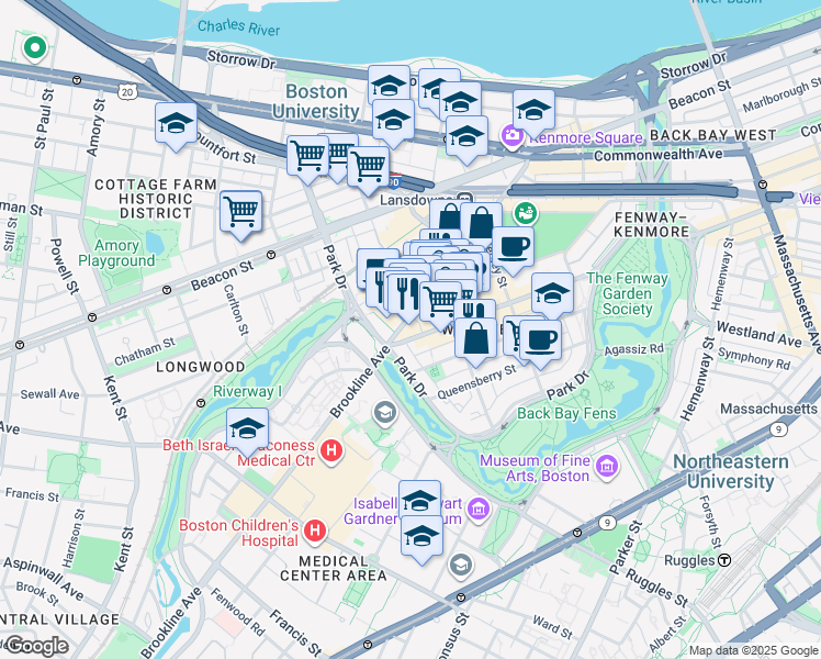 map of restaurants, bars, coffee shops, grocery stores, and more near 1395 Boylston Street in Boston