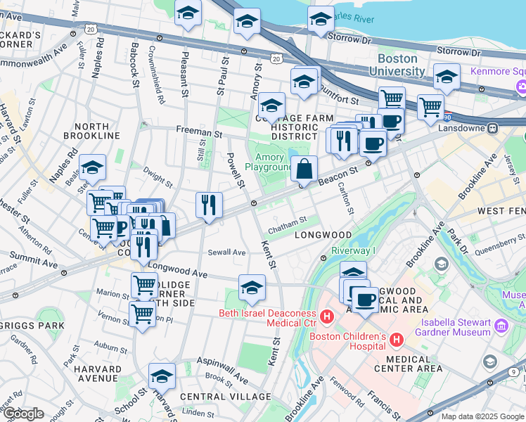 map of restaurants, bars, coffee shops, grocery stores, and more near in Brookline
