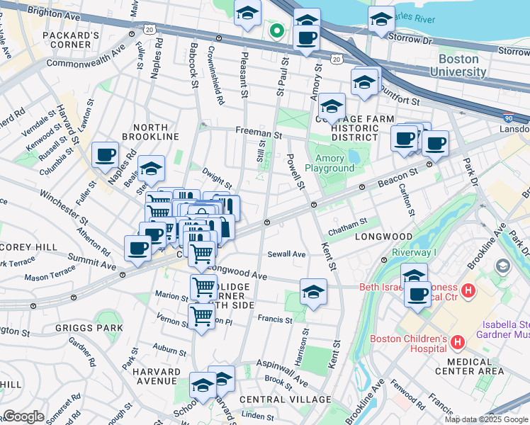 map of restaurants, bars, coffee shops, grocery stores, and more near 1202 Beacon Street in Brookline