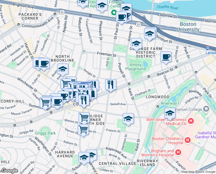 map of restaurants, bars, coffee shops, grocery stores, and more near 3 James Street in Brookline
