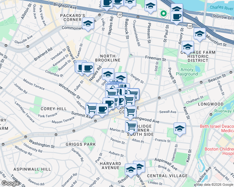 map of restaurants, bars, coffee shops, grocery stores, and more near 301 Harvard Street in Brookline