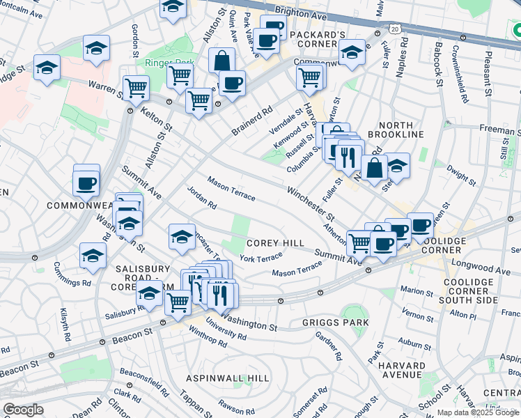 map of restaurants, bars, coffee shops, grocery stores, and more near 71 Jordan Road in Brookline