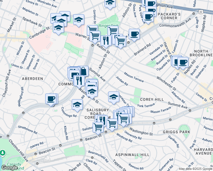 map of restaurants, bars, coffee shops, grocery stores, and more near 195 Corey Road in Boston