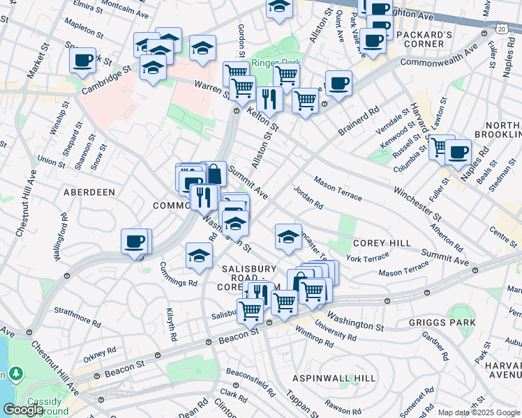map of restaurants, bars, coffee shops, grocery stores, and more near 195 Corey Road in Boston