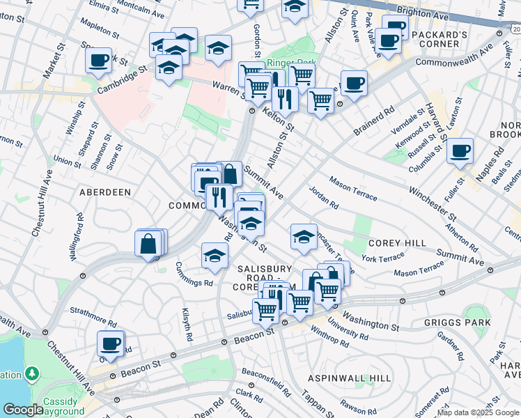 map of restaurants, bars, coffee shops, grocery stores, and more near 170 Corey Road in Boston