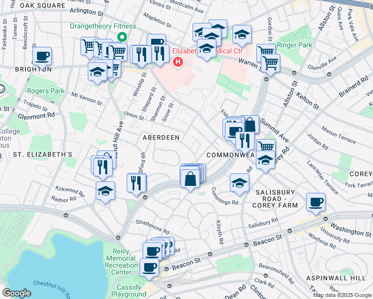 map of restaurants, bars, coffee shops, grocery stores, and more near 107 Nottinghill Road in Boston