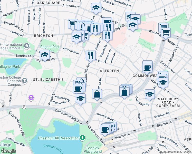 map of restaurants, bars, coffee shops, grocery stores, and more near 57 Wallingford Road in Boston