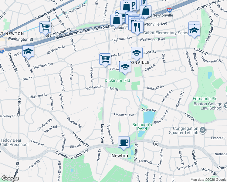 map of restaurants, bars, coffee shops, grocery stores, and more near 78 Hull Street in Newton