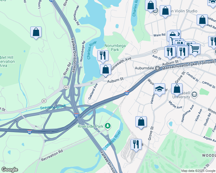 map of restaurants, bars, coffee shops, grocery stores, and more near 576 Auburn Street in Newton