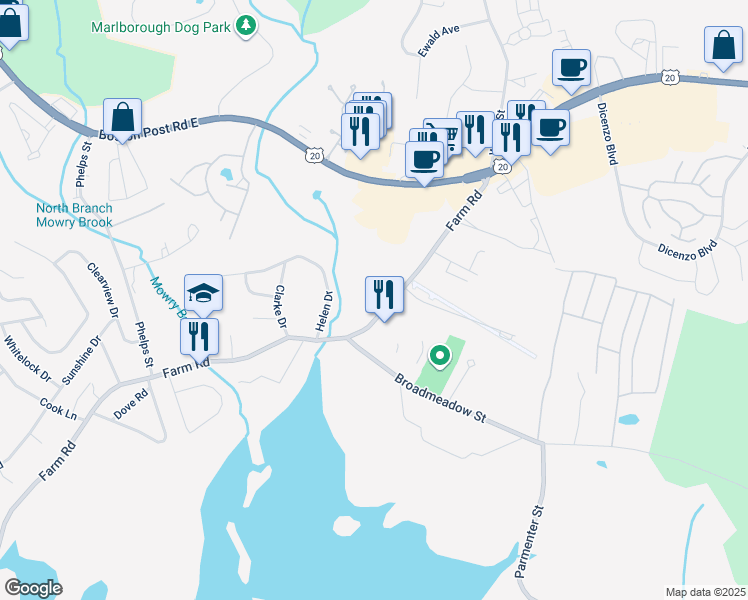 map of restaurants, bars, coffee shops, grocery stores, and more near 656 Farm Road in Marlborough