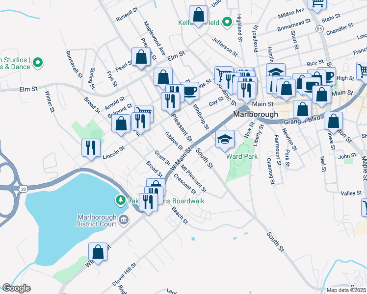 map of restaurants, bars, coffee shops, grocery stores, and more near 10 Gibbon Street in Marlborough